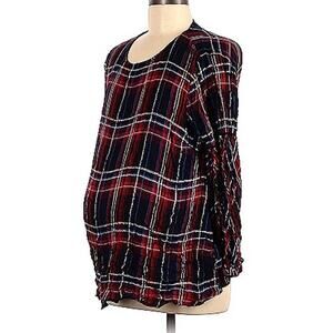 Motherhood Maternity Red Blue Tartan Plaid Silver Metallic Belted Top sz Large